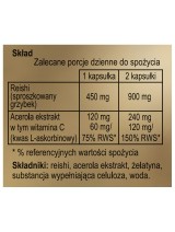 Tabela składu Reishi + Acerola Ginseng Poland. Zawartość sproszkowanego grzyba i witaminy C dla 1 i 2 kapsułek.