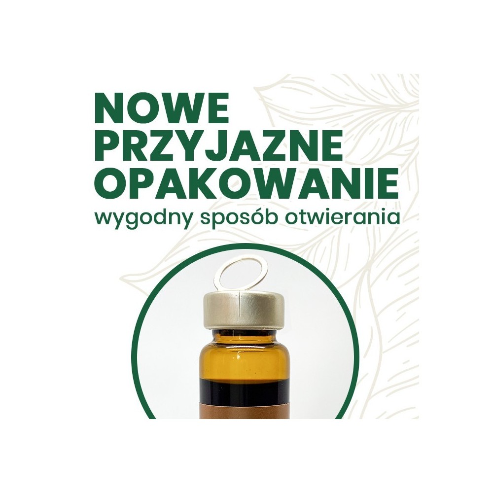 Nowe opakowanie suplementów Ginseng Poland. Fiolka z wygodnym sposobem otwierania ampułki z płynem na koncentrację i libido.