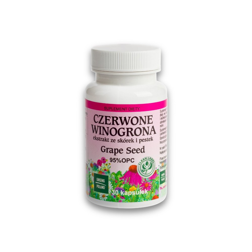 Czerwone winogrona Vitis Vinifera ekstrakt z pestek 95% Proantocyjanidyny OPC 47,5 mg 30 kapsułek