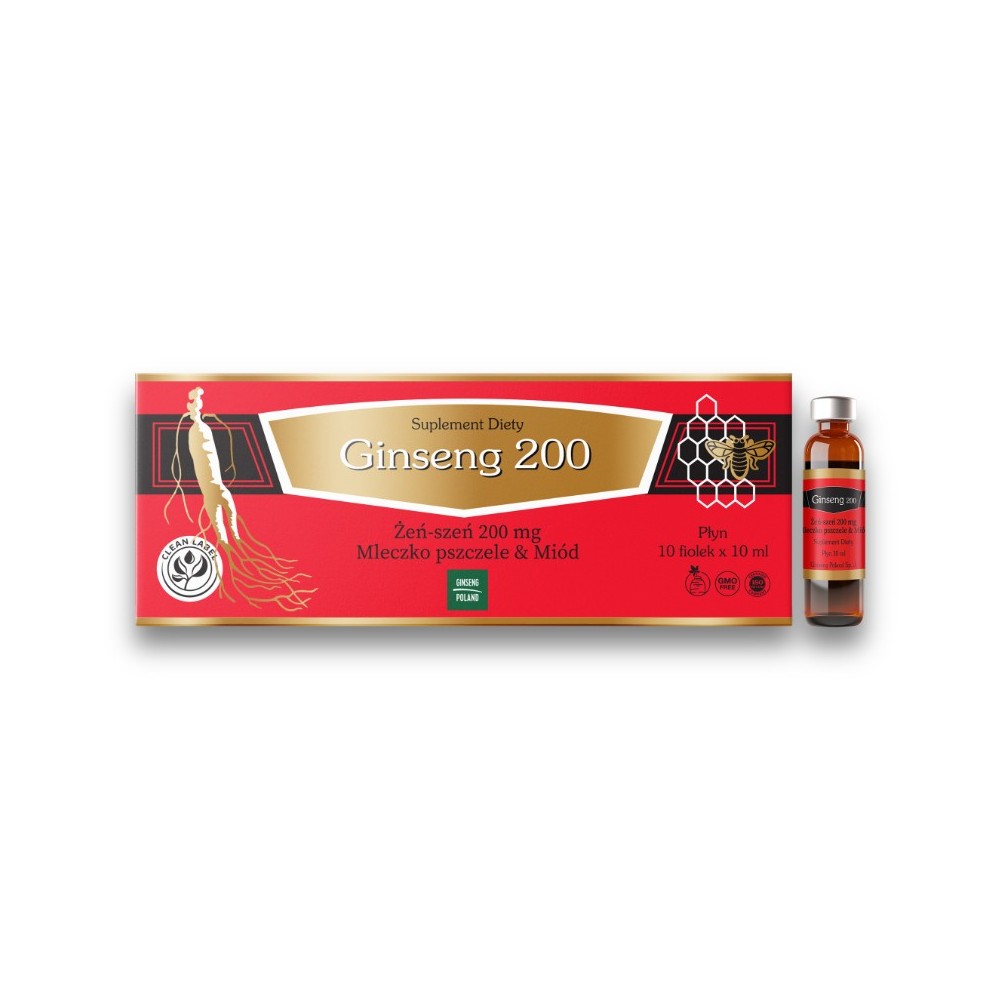 Suplement diety Ginseng 200 z mleczkiem pszczelim i miodem. Opakowanie i szklane ampułki z płynnym żeń-szeniem na odporność.