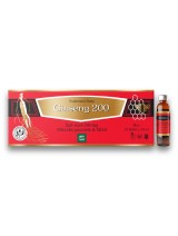 Suplement diety Ginseng 200 z mleczkiem pszczelim i miodem. Opakowanie i szklane ampułki z płynnym żeń-szeniem na odporność.