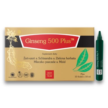 Ginseng 500 Plus żeń-szeń, cytryniec chiński, mleczko pszczele, miód, zielona herbata 10 fiolek x 10 ml
