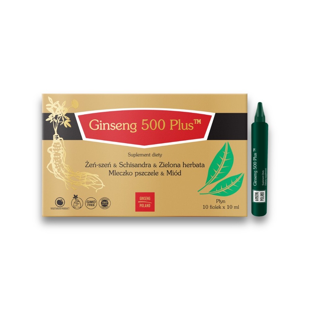 Ginseng 500 Plus żeń-szeń, cytryniec chiński, mleczko pszczele, miód, zielona herbata 10 fiolek x 10 ml