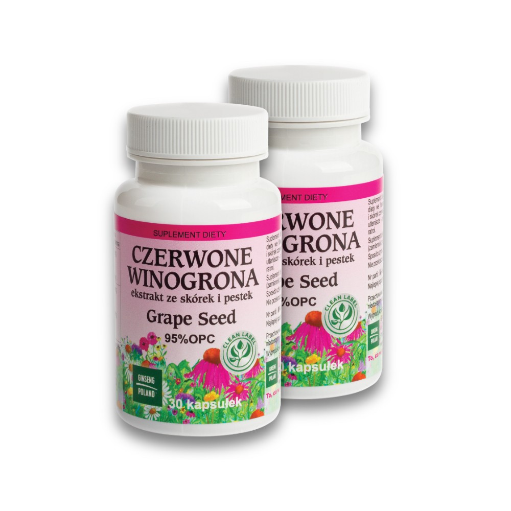 Czerwone Winogrona Vitis vinifera ekstrakt OPC 475 mg Ginseng Poland na układ krążenia. Tabela wartości odżywczych suplementu.
