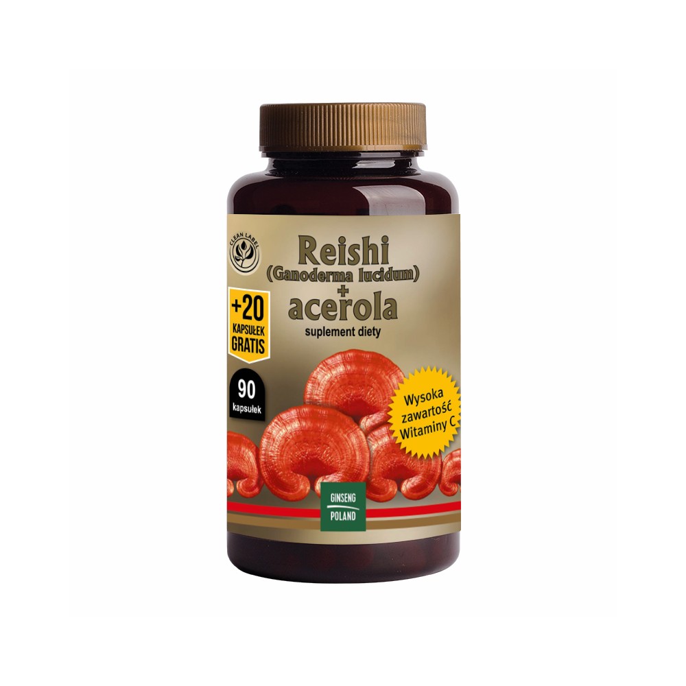 Reishi + Acerola 90 kapsułek gratis Ginseng Poland. Suplement z lakownicą lśniącą i naturalną witaminą C.
